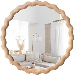 Irregular Wall Mirror,Wood Round Farmhouse Mirror Unique Vanity Mirror,28" Nature Wooden Modern Bathroom Mirror for Washroom Living Room Bedroom