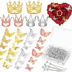 Chuangdi 166 Pcs Crown Decor for Flower Bouquet with 6 Crown Cake Topper 100 Corsage Pins and 60 Gold Butterflies for Flower Arrangements Flower Bouquet Accessories for Wedding Party Supplies