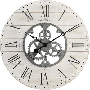 Brighton Gears Wall Clock, White 24 Inch Round Wooden Roman Numeral Farmhouse Decor for Living Room, Kitchen