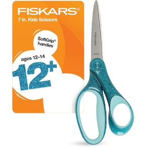 Fiskars 7" SoftGrip Left-Handed Student Glitter Scissors for Kids 12+ - Left-Handed Scissors for School or Crafting - Back to School Supplies - Blue Glitter