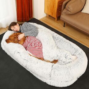 FZYSFZ Human Dog Bed, 71"x45"x12" Orthopedic Washable Humans Size Dog Bed Fits People and Pets, Faux Fur Plush Dog Bed for Human Adults Doze Off, Napping with Blanket - Grey