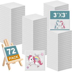 3 x 3 Inch Mini Canvas Panel Mini Stretched Canvas Bulk Small Square Canvas Board for Painting 10 oz Triple Primed Cotton for Kids Painting Craft (72 Pieces)