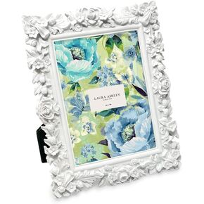 Laura Ashley 5x7 White Floral Textured Hand-Crafted Resin Picture Frame with Easel, for Tabletop & Wall Display, Decorative Floral Design Home Décor, Photo Gallery, Art & More (5x7, White)