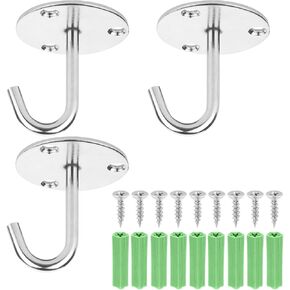 Cosmos 3 Pcs Stainless Steel Ceiling Hooks Heavy Duty Pad Eye Plate J Hooks Plant Hook Wall Mount Utility Hooks with Screws, Metal Hanging Bracket for Kitchen Bathroom Cabinet Balcony Garage, 2 Inch
