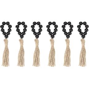 uxcell 6Pcs Wooden Bead Napkin Rings, Farmhouse Wood Bead Napkin Buckles with Jute Rope Tassels for Christmas Thanksgiving Wedding Home Table Decor (Gold)