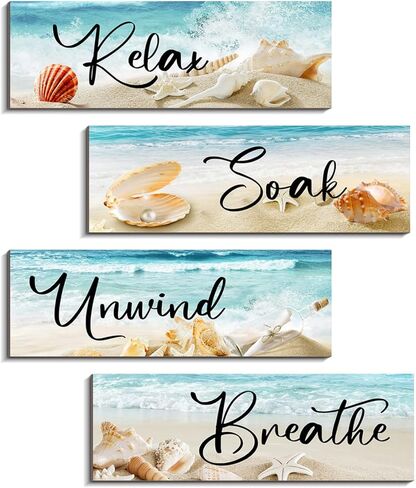 COLOR VALLEY ART للاسترخاء والراحة مع الأجواء الساحلية - مجموعة ديكور جدار الحمام بطابع الشاطئ، مقاس 4.0 × 11.8 بوصة × 4 قطع in Kuwait