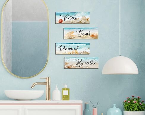 COLOR VALLEY ART للاسترخاء والراحة مع الأجواء الساحلية - مجموعة ديكور جدار الحمام بطابع الشاطئ، مقاس 4.0 × 11.8 بوصة × 4 قطع in Kuwait