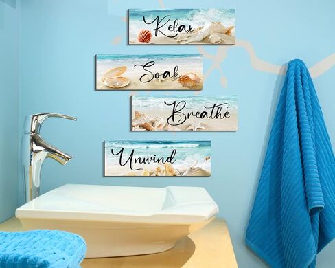 COLOR VALLEY ART للاسترخاء والراحة مع الأجواء الساحلية - مجموعة ديكور جدار الحمام بطابع الشاطئ، مقاس 4.0 × 11.8 بوصة × 4 قطع in Kuwait