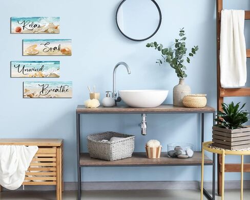 COLOR VALLEY ART للاسترخاء والراحة مع الأجواء الساحلية - مجموعة ديكور جدار الحمام بطابع الشاطئ، مقاس 4.0 × 11.8 بوصة × 4 قطع in Kuwait