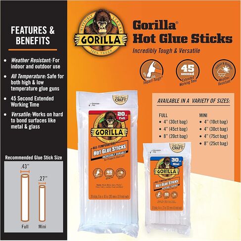 Gorilla Hot Glue Sticks, Mini Size, 4" Long x .27" Diameter, 30 Count, Clear, (Pack of 1) in Saudi Arabia
