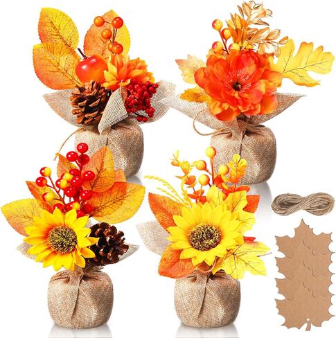 4 Pcs Fake Fall Potted Plants Faux Thanksgiving Floral Arrangements with Artificial Pumpkin Sunflower Maple Leaf Berry Pine Cone Bouquet for Thanksgiving Autumn Harvest Home Tabletop Centerpiece Decor in Saudi Arabia