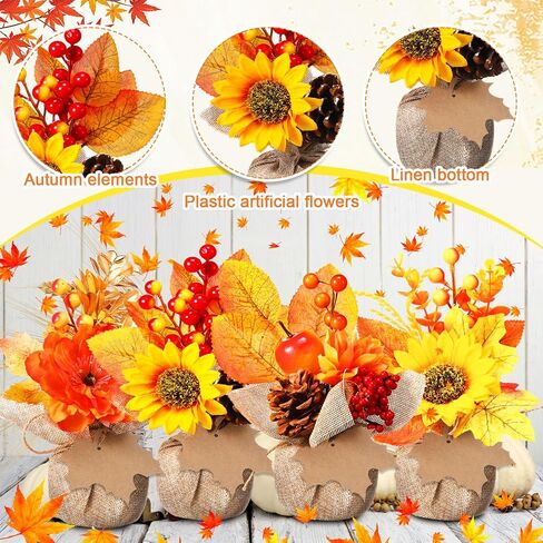 4 Pcs Fake Fall Potted Plants Faux Thanksgiving Floral Arrangements with Artificial Pumpkin Sunflower Maple Leaf Berry Pine Cone Bouquet for Thanksgiving Autumn Harvest Home Tabletop Centerpiece Decor in Saudi Arabia