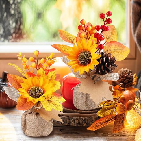 4 Pcs Fake Fall Potted Plants Faux Thanksgiving Floral Arrangements with Artificial Pumpkin Sunflower Maple Leaf Berry Pine Cone Bouquet for Thanksgiving Autumn Harvest Home Tabletop Centerpiece Decor in Saudi Arabia