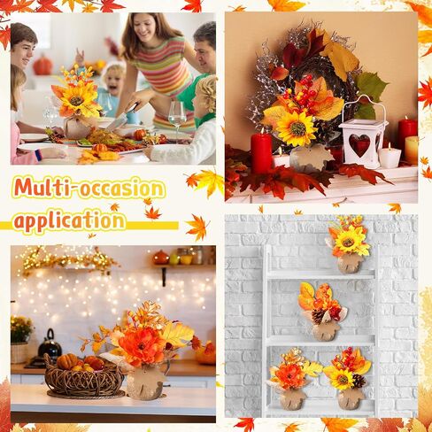 4 Pcs Fake Fall Potted Plants Faux Thanksgiving Floral Arrangements with Artificial Pumpkin Sunflower Maple Leaf Berry Pine Cone Bouquet for Thanksgiving Autumn Harvest Home Tabletop Centerpiece Decor in Saudi Arabia