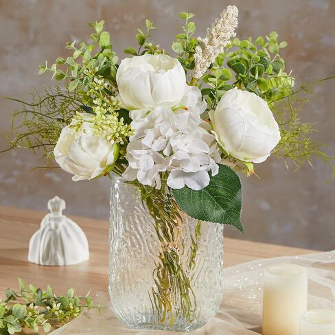 Serwalin Fake Flowers in Vase, Table Centerpieces Decor Flowers, Artificial Flowers in Vase White Peony Floral Arrangements Home Decor, Silk Flowers with Glass Vase, Living Room Decorations in Saudi Arabia