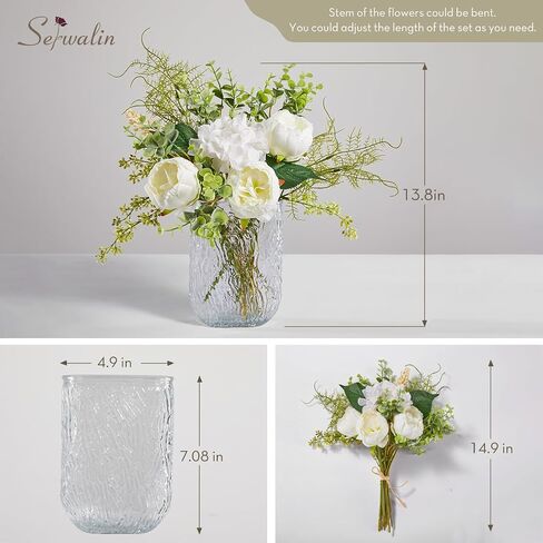Serwalin Fake Flowers in Vase, Table Centerpieces Decor Flowers, Artificial Flowers in Vase White Peony Floral Arrangements Home Decor, Silk Flowers with Glass Vase, Living Room Decorations in Saudi Arabia