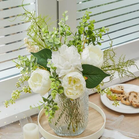 Serwalin Fake Flowers in Vase, Table Centerpieces Decor Flowers, Artificial Flowers in Vase White Peony Floral Arrangements Home Decor, Silk Flowers with Glass Vase, Living Room Decorations in Saudi Arabia