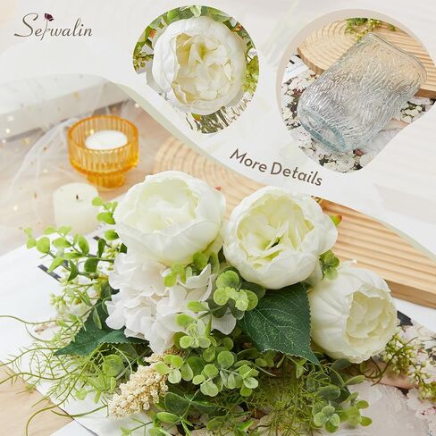 Serwalin Fake Flowers in Vase, Table Centerpieces Decor Flowers, Artificial Flowers in Vase White Peony Floral Arrangements Home Decor, Silk Flowers with Glass Vase, Living Room Decorations in Saudi Arabia