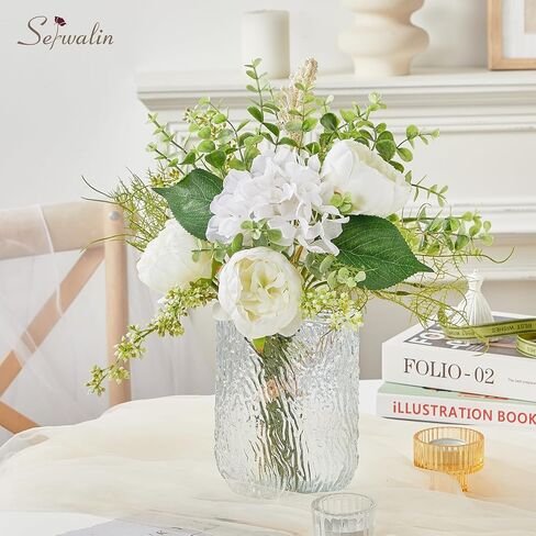 Serwalin Fake Flowers in Vase, Table Centerpieces Decor Flowers, Artificial Flowers in Vase White Peony Floral Arrangements Home Decor, Silk Flowers with Glass Vase, Living Room Decorations in Saudi Arabia