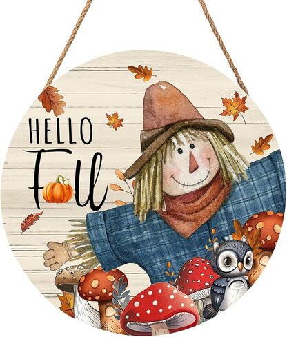 Miaoquhe Hello Fall Scarecrow Door Sign For Front Door Decor,Autumn Harvest Maple Leaf Wooden Sign 12"x 12" Round Wood Hanging Door Sign Farmhouse Thanksgiving Decoration for Wall Rustic Porch Decor in Saudi Arabia