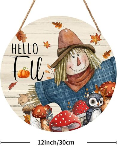 Miaoquhe Hello Fall Scarecrow Door Sign For Front Door Decor,Autumn Harvest Maple Leaf Wooden Sign 12"x 12" Round Wood Hanging Door Sign Farmhouse Thanksgiving Decoration for Wall Rustic Porch Decor in Saudi Arabia