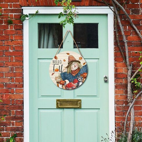Miaoquhe Hello Fall Scarecrow Door Sign For Front Door Decor,Autumn Harvest Maple Leaf Wooden Sign 12"x 12" Round Wood Hanging Door Sign Farmhouse Thanksgiving Decoration for Wall Rustic Porch Decor in Saudi Arabia