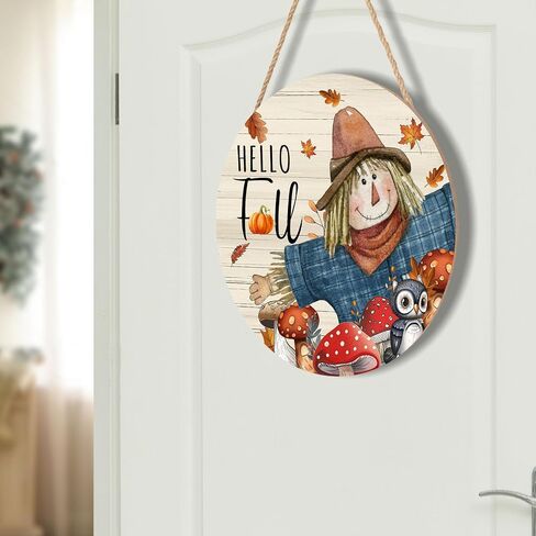 Miaoquhe Hello Fall Scarecrow Door Sign For Front Door Decor,Autumn Harvest Maple Leaf Wooden Sign 12"x 12" Round Wood Hanging Door Sign Farmhouse Thanksgiving Decoration for Wall Rustic Porch Decor in Saudi Arabia