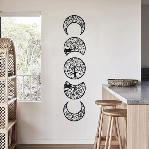 TEIPIA Moon Phase جدار ديكور لغرفة المعيشة، 5 قطع خشبية الشمال القمر جدار الفن غرفة نوم الديكور بوهو ديكور المنزل لغرفة الطعام المطبخ مكتب معرض الجدار (أسود) in Saudi Arabia