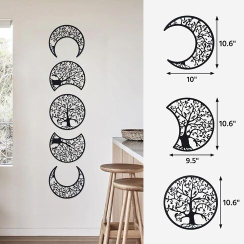 TEIPIA Moon Phase جدار ديكور لغرفة المعيشة، 5 قطع خشبية الشمال القمر جدار الفن غرفة نوم الديكور بوهو ديكور المنزل لغرفة الطعام المطبخ مكتب معرض الجدار (أسود) in Saudi Arabia