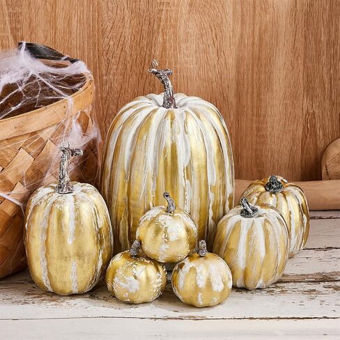woshilaocai 7PCS Artificial Pumpkins Décor Fall Harvest Thanksgiving/Halloween Holiday Farmhouse Decorations for Home (Bright Orange) in Saudi Arabia