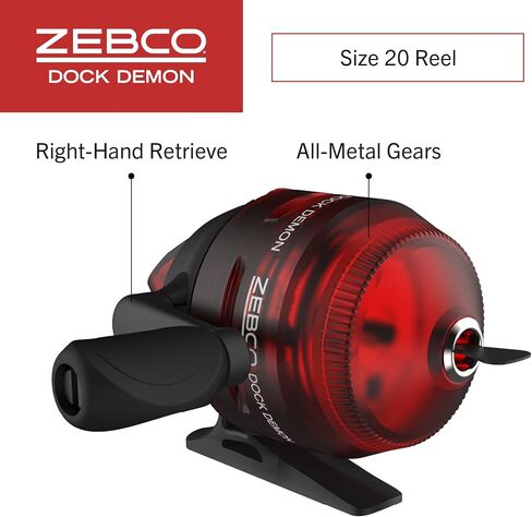 بكرة صيد Zebco 202 Spincast، مقاس 30 بكرة، استرجاع لليد اليمنى، تروس معدنية متينة بالكامل، دبوس التقاط من الفولاذ المقاوم للصدأ، ملفوف مسبقًا بخط صيد Zebco بوزن 10 رطل، أسود، تغليف البطلينوس in Kuwait