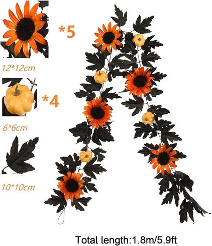 YHNJI 5.9ft سقوط أوراق القيقب إكليل، سقوط إكليل، عباد الشمس الاصطناعي اليقطين مابل ليف فاينز لعيد الشكر، عشاء، مدفأة، باب، إطار، مدخل، خلفية، ديكور in Kuwait