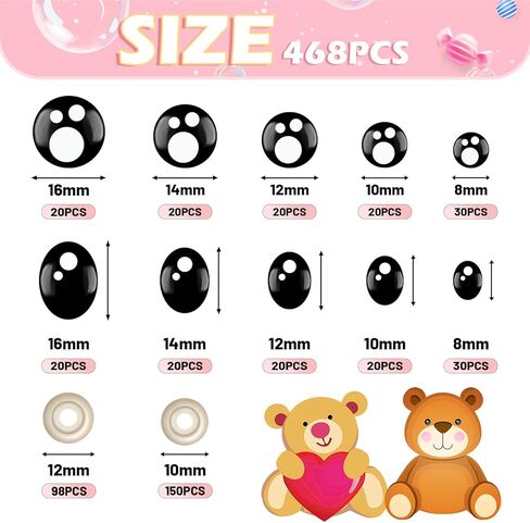 468 قطعة من عيون وأنوف الأمان للأميجورومي، عيون كروشيه محشوة مع غسالات 6-16 مم عيون أمان بلاستيكية من الكروشيه، عيون أمان سوداء لعيون الحيوانات المحشوة من الكروشيه للدب الحرفي in Kuwait