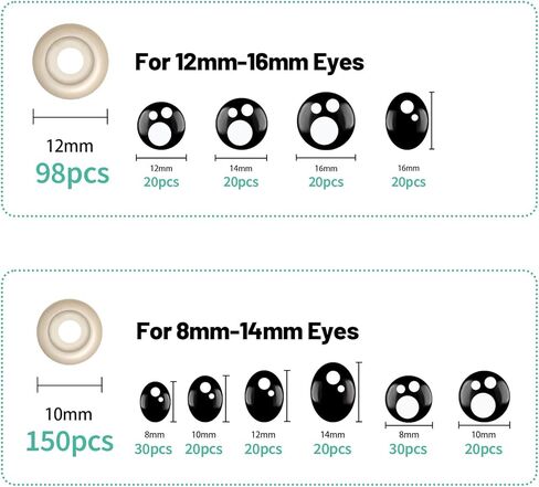 468 قطعة من عيون وأنوف الأمان للأميجورومي، عيون كروشيه محشوة مع غسالات 6-16 مم عيون أمان بلاستيكية من الكروشيه، عيون أمان سوداء لعيون الحيوانات المحشوة من الكروشيه للدب الحرفي in Kuwait