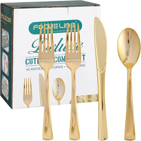 FOCUSLINE 160 Pack Gold Plastic Silverware Set, including 80 Gold Forks, 40 Gold Knives, 40 Gold Spoons, Disposable Flatware Heavy Duty Plastic Cutlery Set for Weddings, Catering, Parties, Dinners in Saudi Arabia