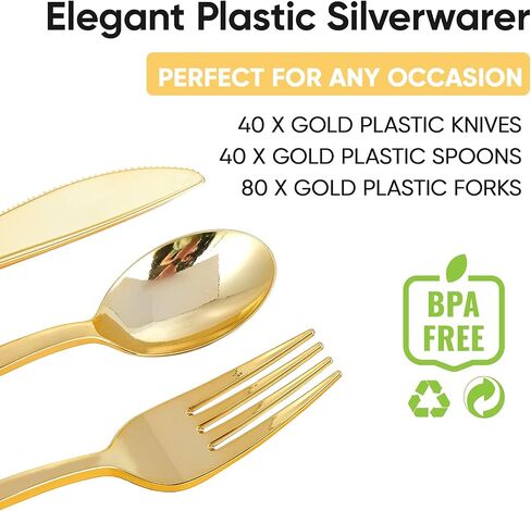 FOCUSLINE 160 Pack Gold Plastic Silverware Set, including 80 Gold Forks, 40 Gold Knives, 40 Gold Spoons, Disposable Flatware Heavy Duty Plastic Cutlery Set for Weddings, Catering, Parties, Dinners in Saudi Arabia