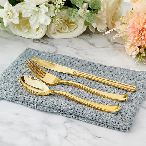 FOCUSLINE 160 Pack Gold Plastic Silverware Set, including 80 Gold Forks, 40 Gold Knives, 40 Gold Spoons, Disposable Flatware Heavy Duty Plastic Cutlery Set for Weddings, Catering, Parties, Dinners in Saudi Arabia
