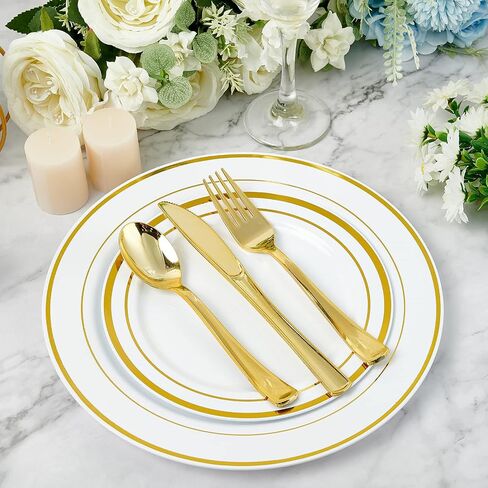 FOCUSLINE 160 Pack Gold Plastic Silverware Set, including 80 Gold Forks, 40 Gold Knives, 40 Gold Spoons, Disposable Flatware Heavy Duty Plastic Cutlery Set for Weddings, Catering, Parties, Dinners in Saudi Arabia