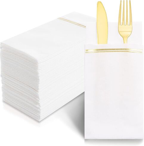 Nervure 100PCS White and Gold Paper Napkins - Disposable Napkins Built-in Flatware Pocket Prefolded Cloth Like - Heavy Duty Linen Feel Dinner Napkins for Wedding & Party in Saudi Arabia