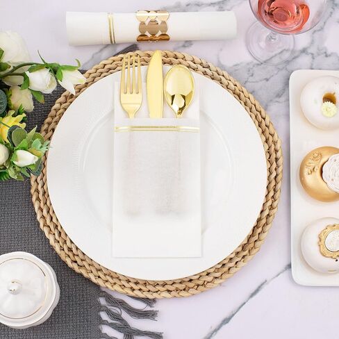 Nervure 100PCS White and Gold Paper Napkins - Disposable Napkins Built-in Flatware Pocket Prefolded Cloth Like - Heavy Duty Linen Feel Dinner Napkins for Wedding & Party in Saudi Arabia