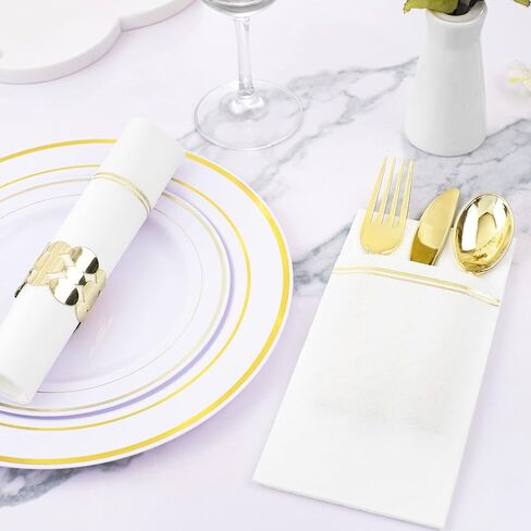 Nervure 100PCS White and Gold Paper Napkins - Disposable Napkins Built-in Flatware Pocket Prefolded Cloth Like - Heavy Duty Linen Feel Dinner Napkins for Wedding & Party in Saudi Arabia
