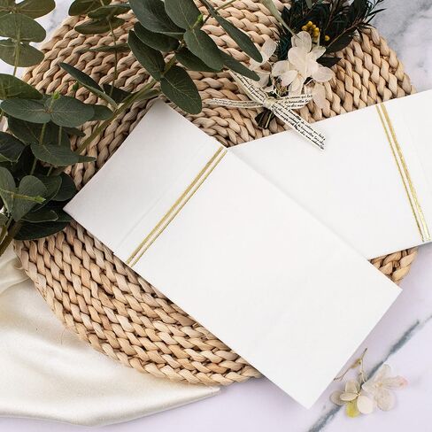 Nervure 100PCS White and Gold Paper Napkins - Disposable Napkins Built-in Flatware Pocket Prefolded Cloth Like - Heavy Duty Linen Feel Dinner Napkins for Wedding & Party in Saudi Arabia