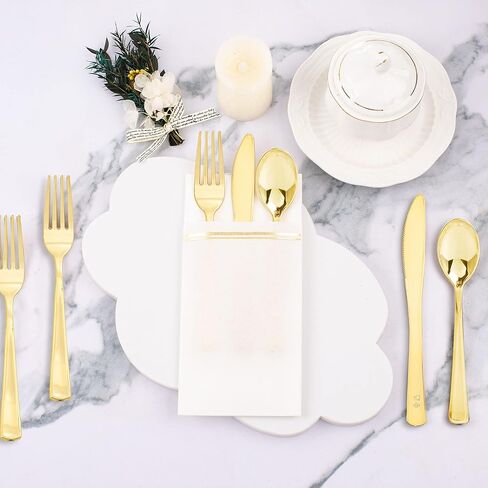 Nervure 100PCS White and Gold Paper Napkins - Disposable Napkins Built-in Flatware Pocket Prefolded Cloth Like - Heavy Duty Linen Feel Dinner Napkins for Wedding & Party in Saudi Arabia