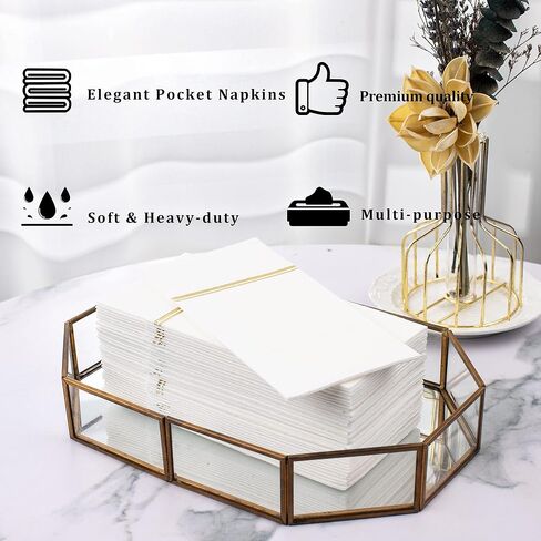 Nervure 100PCS White and Gold Paper Napkins - Disposable Napkins Built-in Flatware Pocket Prefolded Cloth Like - Heavy Duty Linen Feel Dinner Napkins for Wedding & Party in Saudi Arabia