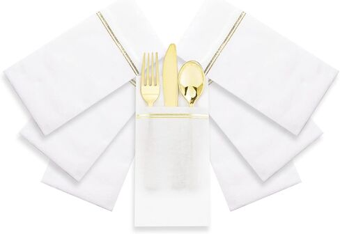 Nervure 100PCS White and Gold Paper Napkins - Disposable Napkins Built-in Flatware Pocket Prefolded Cloth Like - Heavy Duty Linen Feel Dinner Napkins for Wedding & Party in Saudi Arabia