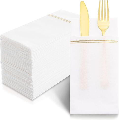 Nervure 100PCS White and Gold Paper Napkins - Disposable Napkins Built-in Flatware Pocket Prefolded Cloth Like - Heavy Duty Linen Feel Dinner Napkins for Wedding & Party in Saudi Arabia