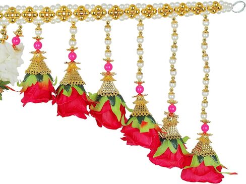 Artificial Door Toran Garlands Hanging Red Rose Flowers with White Moti Beads Decorative Door Hanging Bandanwar for Home Festival Entrance for Indian Traditional Festival Decoration (Size:- 42" X8'') in Saudi Arabia