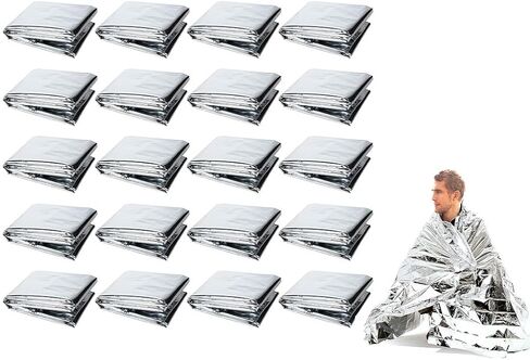 20 قطعة من بطانيات الطوارئ للتخييم باللون الفضي، بطانيات الطوارئ لبطانية النجاة، بطانيات حرارية للطوارئ، 83 بوصة × 51 بوصة (130 * 210 سم)، مقاومة للماء، للمشي لمسافات طويلة، والتخييم، والإسعافات الأولية، والتزلج، والماراثون in Kuwait