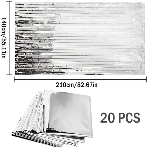 20 قطعة من بطانيات الطوارئ للتخييم باللون الفضي، بطانيات الطوارئ لبطانية النجاة، بطانيات حرارية للطوارئ، 83 بوصة × 51 بوصة (130 * 210 سم)، مقاومة للماء، للمشي لمسافات طويلة، والتخييم، والإسعافات الأولية، والتزلج، والماراثون in Kuwait