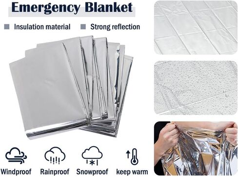 20 قطعة من بطانيات الطوارئ للتخييم باللون الفضي، بطانيات الطوارئ لبطانية النجاة، بطانيات حرارية للطوارئ، 83 بوصة × 51 بوصة (130 * 210 سم)، مقاومة للماء، للمشي لمسافات طويلة، والتخييم، والإسعافات الأولية، والتزلج، والماراثون in Kuwait